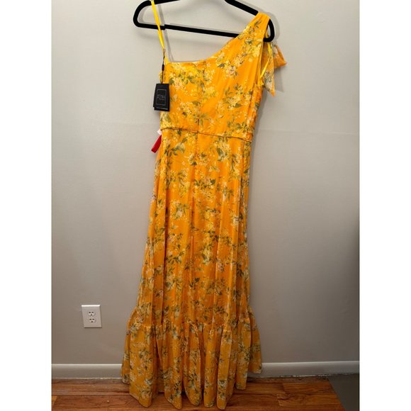 Mac Duggal One Shoulder Bow Maxi Dress Yellow Floral Tiered Ruffled Size 4 NWT - Picture 8 of 9